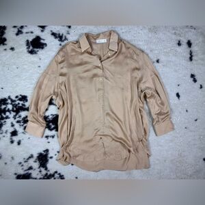 MISS Love Women’s Solid Satin Gold Oversized Button Down Shirt